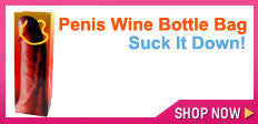 A gift bag that holds a bottle of wine and has a big penis on it