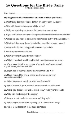 Free Bachelorette Party Game - 20 Questions